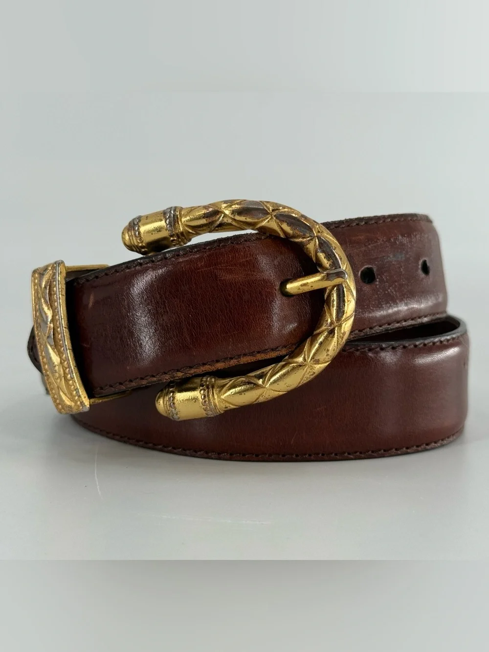 Fossil Vintage 90s Brown‎ Leather Belt Ornate Buckle S